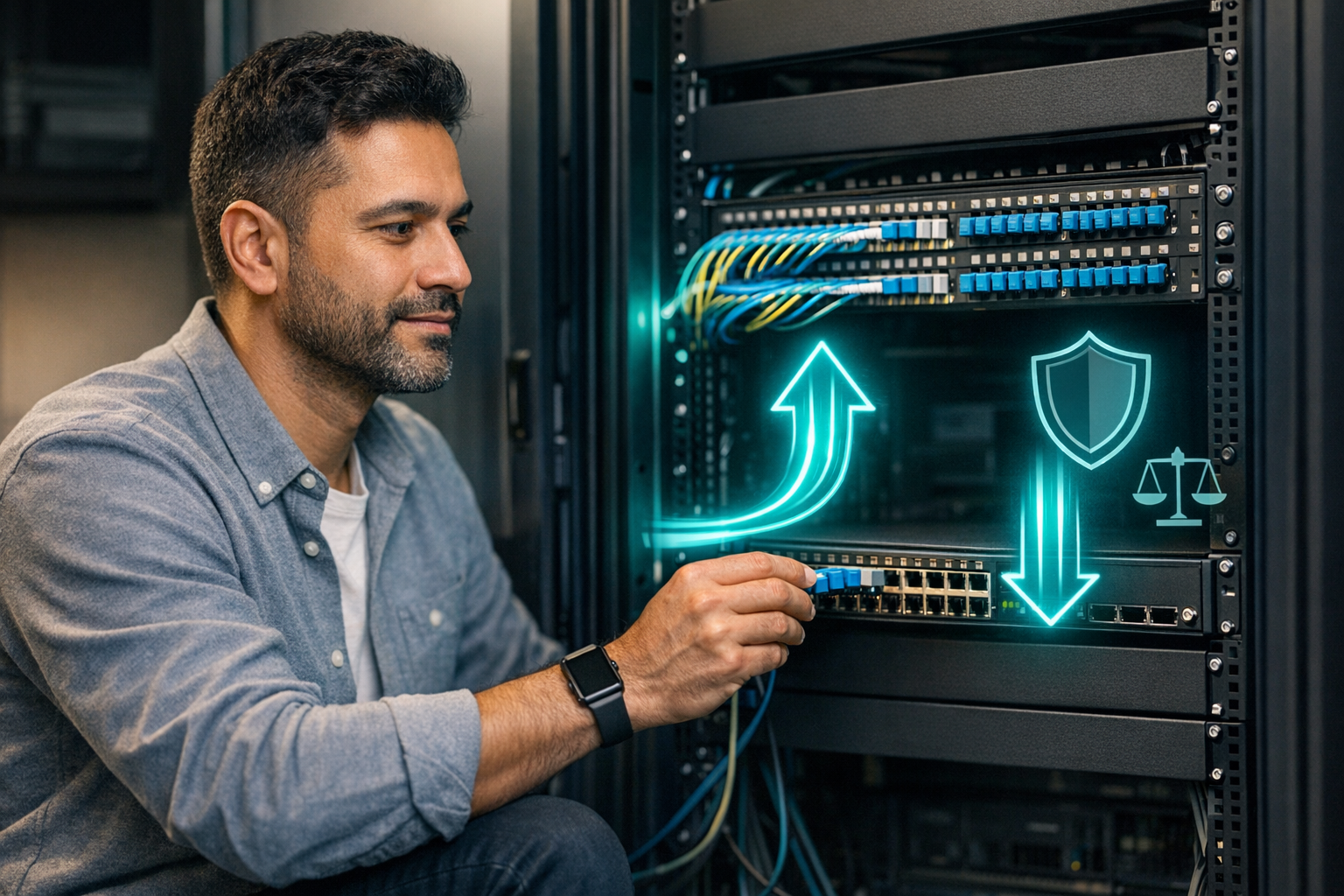 Photorealistic scene in a modern UK SME server room: a diverse IT professional in smart-casual attire calmly seats a fiber connector into a tidy patch